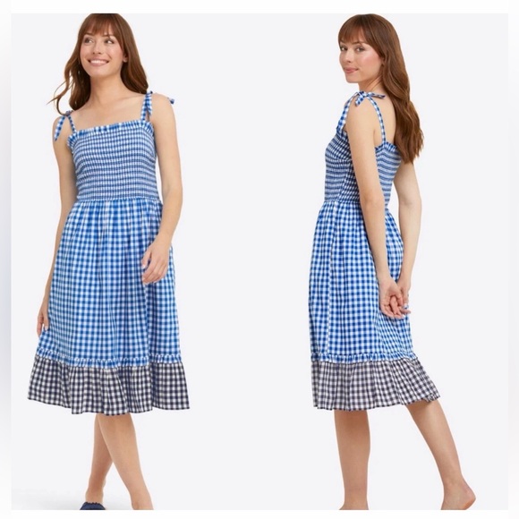 Draper James Reese Witherspoon | Blue Gingham Smocked Midi Dress | Size Large - Picture 2 of 3